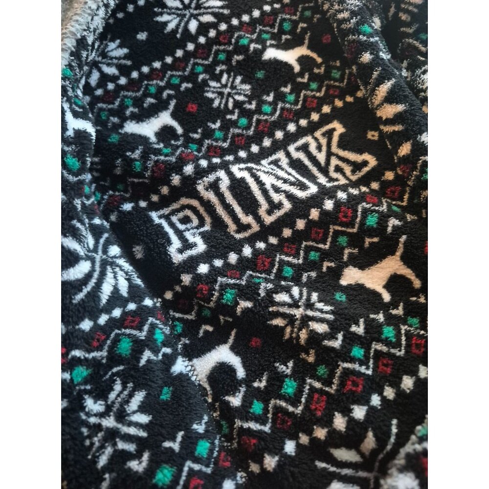 Victorias Secret Pink XS/S Hooded Sherpa-Lined Bathrobe Black Fair Isle Print - Picture 6 of 6